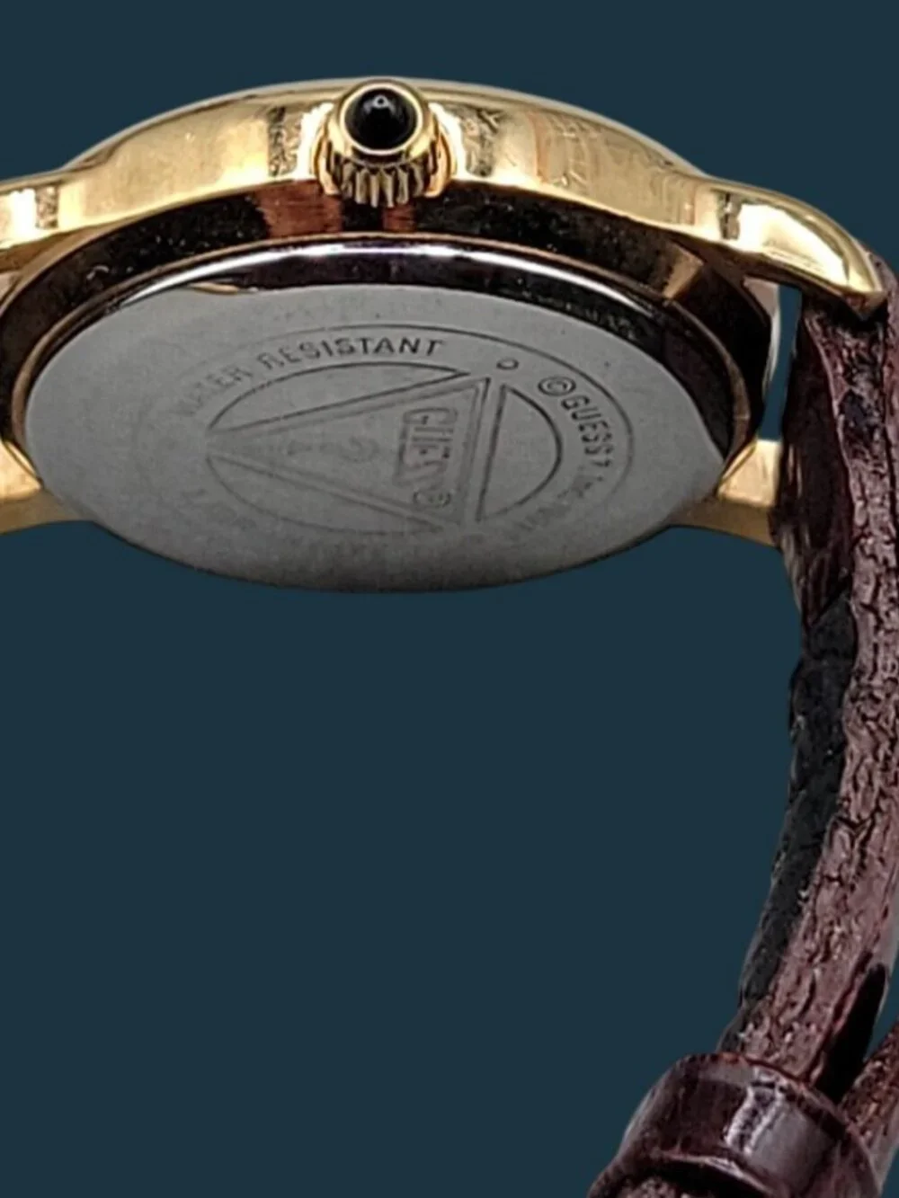 Vintage 1991 GUESS Watch Gold Tone Black Dial Burgundy Leather Strap 26mm 6.5